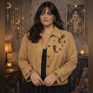 Vintage Boho Tan Faux Suede Embroidered Jacket – Western Hippie Chic | Size 16